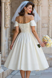 A Line Ivory Off the Shoulder Midi Wedding Dress with Bow