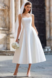 White A Line Spaghetti Straps Long Wedding Dress with Detachable Bow