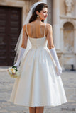 White A Line Spaghetti Straps Long Wedding Dress with Detachable Bow