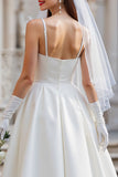 White A Line Spaghetti Straps Midi Wedding Dress with Bow