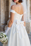 Off the Shoulder White Corset A Line Midi Wedding Dress with Bows
