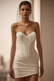 Ivory Satin Sweetheart Bodycon Short Wedding Dress with Fringes