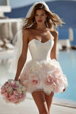 Ivory Satin Sweetheart Bodycon Short Wedding Dress with 3D Flowers