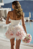 Ivory Satin Sweetheart Bodycon Short Wedding Dress with 3D Flowers