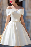 White Satin Off the Shoulder A Line Short Wedding Dress with Bows