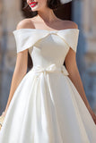 White Satin Off the Shoulder A Line Short Wedding Dress with Bows