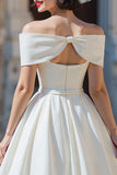 White Satin Off the Shoulder A Line Short Wedding Dress with Bows