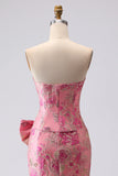Fuchsia Mermaid Bow Strapless Jacquard Long Prom Dress with Slit
