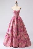 Fuchsia Jacquard A Line Corset Strapless Long Prom Dress
