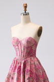 Fuchsia Jacquard A Line Corset Strapless Long Prom Dress