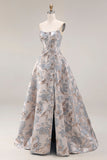 Silver Jacquard Strapless A Line Corset Long Prom Dress with Slit