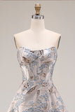 Silver Jacquard Strapless A Line Corset Long Prom Dress with Slit