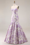 Strapless Mermaid Lilac Jacquard Satin Brocade Long Floral Prom Dress