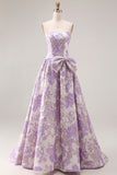 Strapless Lilac A-Line Jacquard Brocade Long Prom Dress with Bow