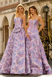 Strapless Lilac A-Line Ruched Jacquard Satin Brocade Long Prom Dress with Bow