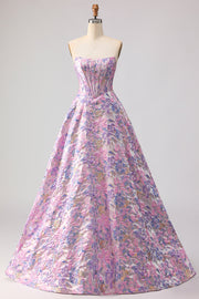 Strapless A-Line Lilac Corset Jacquard Brocade Long Formal Dress