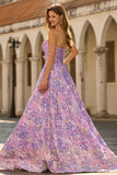 Lilac Strapless Jacquard A-Line Corset Brocade Long Prom Dress