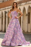 Lilac Strapless Jacquard A-Line Corset Brocade Long Prom Dress