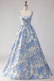 Light Blue A-Line Jacquard Brocade Corset Long Prom Dress with Pearls