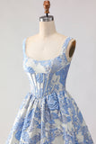 Light Blue A-Line Jacquard Brocade Corset Long Prom Dress with Pearls