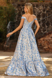 Light Blue A-Line Off The Shoulder Jacquard Brocade Convertible Long Prom Dress