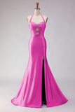 Sparkly Beaded Mermaid Halter Lilac Satin Cut Out Long Formal Dress with Slit