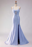 Sparkly Beaded Mermaid Halter Lilac Satin Cut Out Long Formal Dress with Slit