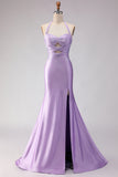 Mermaid Lilac Beaded Halter Cut Out Long Prom Dress with Slit