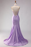 Mermaid Lilac Beaded Halter Cut Out Long Prom Dress with Slit