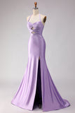 Mermaid Lilac Beaded Halter Cut Out Long Prom Dress with Slit