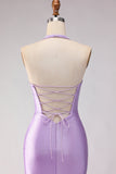 Mermaid Lilac Beaded Halter Cut Out Long Prom Dress with Slit