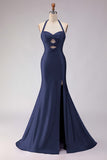 Sparkly Beaded Mermaid Halter Lilac Satin Cut Out Long Formal Dress with Slit