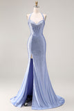Light Blue Mermaid Halter Beaded Corset Long Prom Dress with Slit