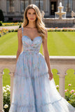 Blue Floral A Line Spaghetti Straps Long Prom Dress