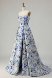 Blue Flower Printed Strapless A Line Long Formal Dress with Slit