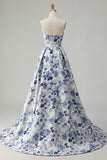 Blue Flower Jacquard Strapless A Line Long Formal Dress with Slit