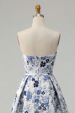 Blue Flower Jacquard Strapless A Line Long Formal Dress with Slit