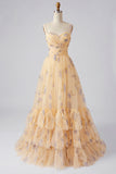 Yellow Floral A Line Pleated Printed Long Prom Dress with Ruffles