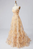Yellow Floral A Line Pleated Printed Long Prom Dress with Ruffles