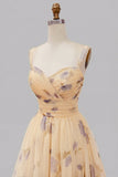 Yellow Floral A Line Pleated Printed Long Prom Dress with Ruffles