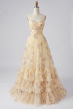 Yellow Floral A Line Pleated Printed Long Prom Dress with Ruffles