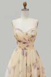 Yellow Floral A Line Pleated Printed Long Prom Dress with Ruffles