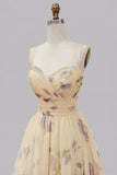 Yellow Floral A Line Pleated Printed Long Prom Dress with Ruffles