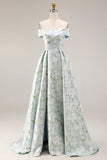 Off The Shoulder Blue White Flower A-Line Printed Satin Long Formal Dress with Slit