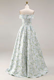 Off The Shoulder Blue White Flower A-Line Printed Satin Long Formal Dress with Slit