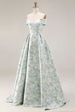 Off The Shoulder Blue White Flower A-Line Printed Satin Long Formal Dress with Slit