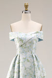 Off The Shoulder Blue White Flower A-Line Printed Satin Long Formal Dress with Slit