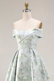 Off The Shoulder Blue White Flower A-Line Printed Satin Long Formal Dress with Slit