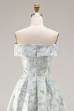 Off The Shoulder Blue White Flower A-Line Printed Satin Long Formal Dress with Slit