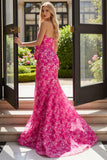 Strapless Fuchsia Floral Mermaid Side Slit Long Prom Dress with Bow
